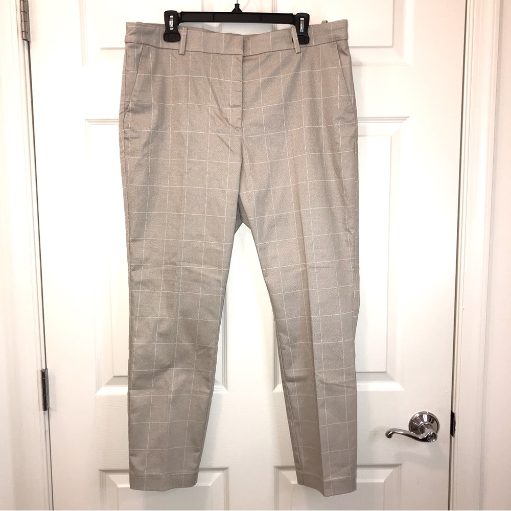 H&M High Rise Dress Pants, Windowpane Plaid Flat Front Trouser 16, Stretch Tan